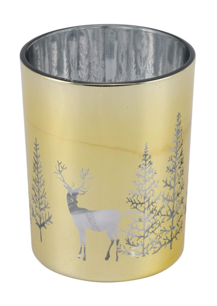 Teelichthalter Tanne/Reh in gold/silber aus Glas