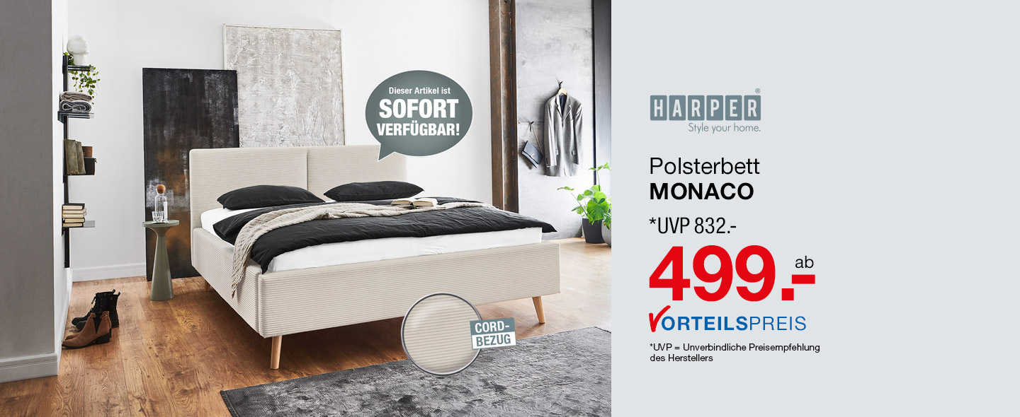 Polsterbett HARPER MONACO - Polsterbett mit cremefarbenen Cord-Bezug - UVP 832 Euro, ab 499 Euro Vorteilspreis