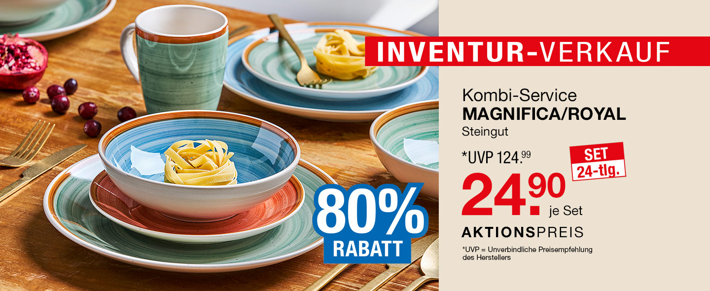 Inventur-Verkauf: Kombi-Service MAGNIFICA / ROYAL, Steingut, komplett 24-tlg. - UVP 124.99 Euro, je Set 24.90 Aktionspreis 