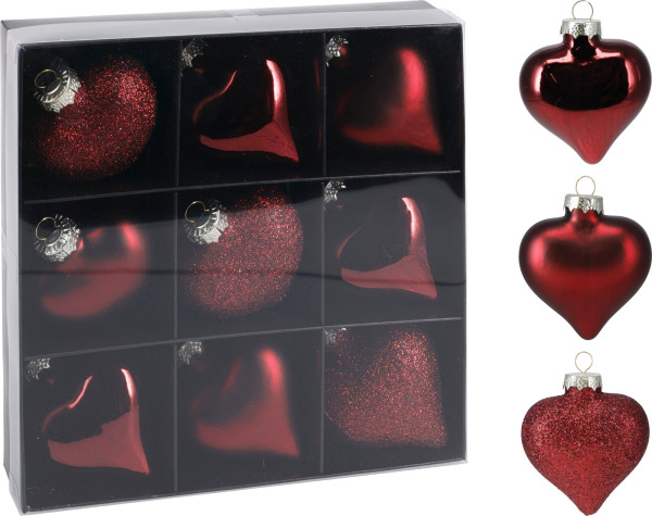 Weihnachtskugel-Box HERZEN in bordeaux aus Glas