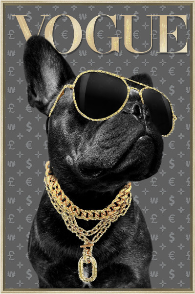 Bild BULLDOG WITH SUNGLASES in bunt aus Holz