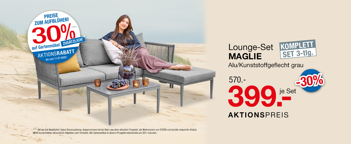 Lounge-Set MAGLIE, Alu/Kunststoffgeflecht in Grau,  570.- Euro  - 30% Rabatt, 399.- je Set