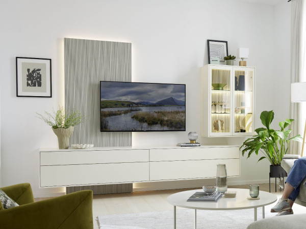 Wohnwand MONDO DIAMO in wollweiss aus Lack