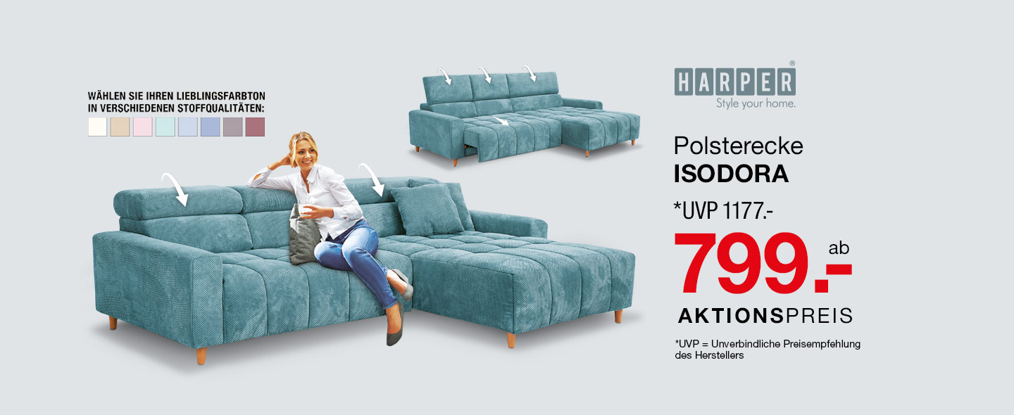 Polsterecke HARPER ISODORA - Polsterecke in blau mit Holzfüßen, verschiedene Stoffqualitäten und Farbtöne - UVP 1177.- Euro, ab 799.- Euro 