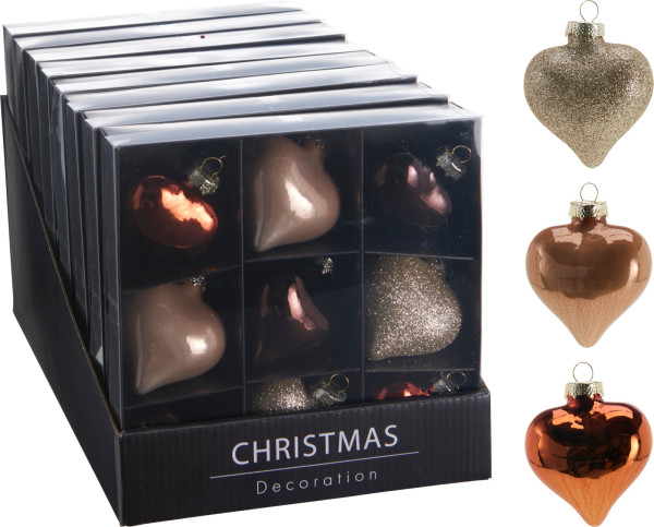 Weihnachtskugel-Box HERZEN in braun aus Glas