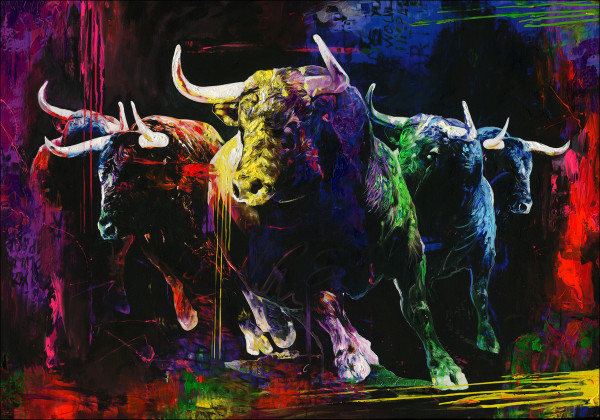 Originalbild COLOURFUL BULLS in mehrfarbig aus Holz