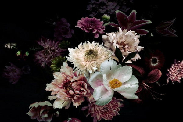 Glasbild BLÜTEN IN PURPURROT I