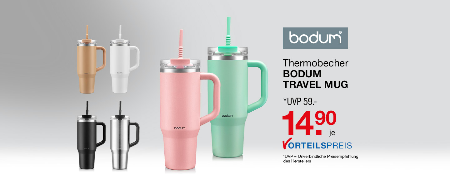 Thermobecher BODUM TRAVEL MUG - verschiedene Farben, Fassungsvermögen 1200 ml - UVP 59.- Euro, je 14.90 Euro Vorteilspreis