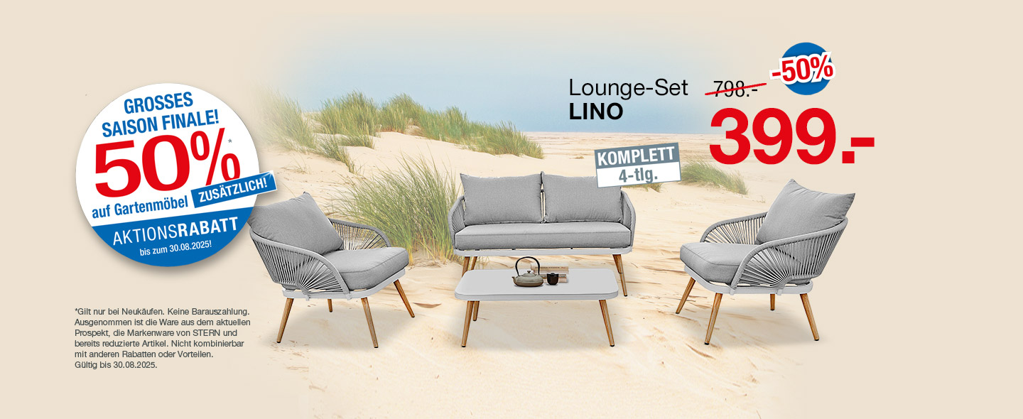 Garten Lounge-Set LINO, komplett 4-teilig, mit 2 Sesseln, einem 2-Sitzer Sofa und einem passenden Tisch in Grau mit Holzfüßen,  798.- Euro - 50% Rabatt, 399 Euro