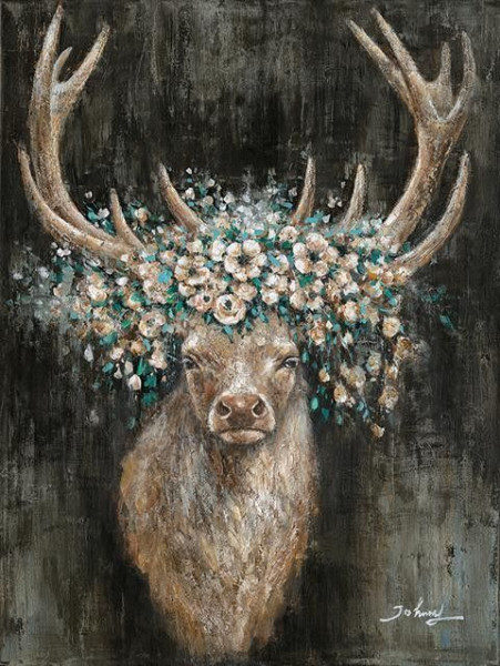 Ölbild Hirschkopf Blumen (BHT 90x120x5 cm)