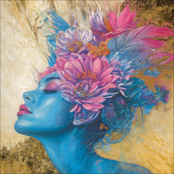 Originalbild BLUE FLOWER FACE in mehrfarbig aus Holz