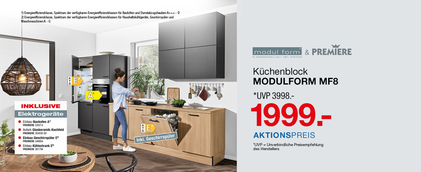 Küchenblock MODULFORM MF8 in Holz- und Anthrazitoptik inkl. Geschirrspüler, UVP 3998 Euro, 1999.- Euro Aktionspreis