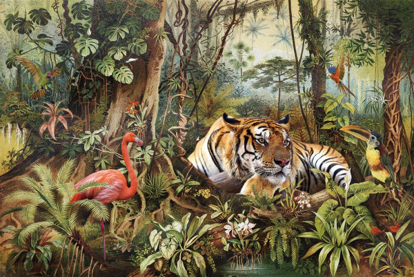 Glasbild FLAMINGO TRIFFT TIGER in mehrfarbig aus Glas