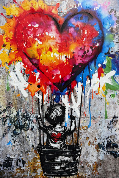 Keilrahmenbild LOVE BALLOON in bunt aus Holz