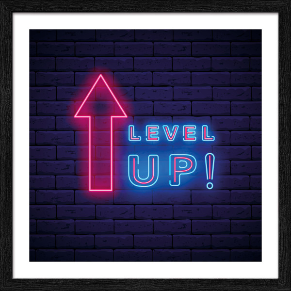 Gerahmtes Bild NEON LEVEL UP in mehrfarbig aus Glas satiniert