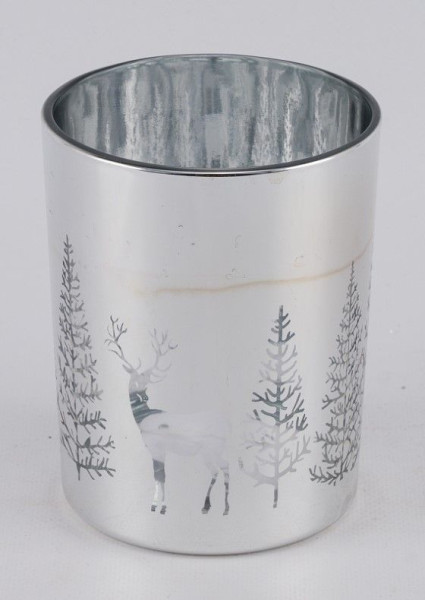 Teelichthalter Tanne/Reh in silberfarben aus Glas