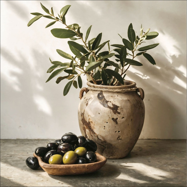 Glasbild OLIVES IN THE SHADE in mehrfarbig aus Glas