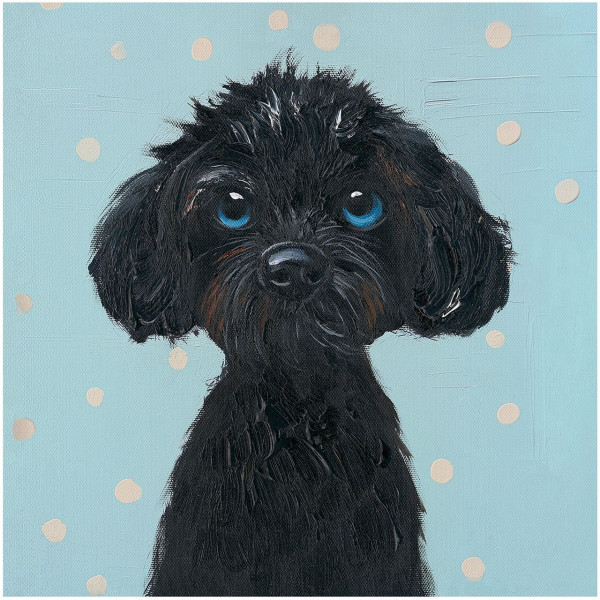 Gemälde BLACK PUPPY in blau aus Holz