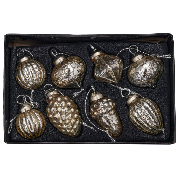 Weihnachtskugel-Set Eichel/Zapfen-Mix in silberfarben aus Glas