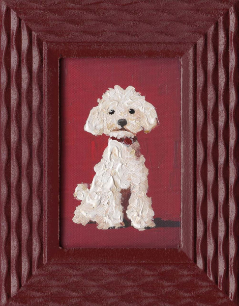 Gemälde WHITE DOG in bordeaux aus Holz
