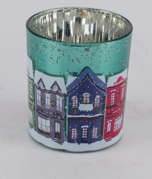 Teelichthalter Häuser in türkis aus Glas