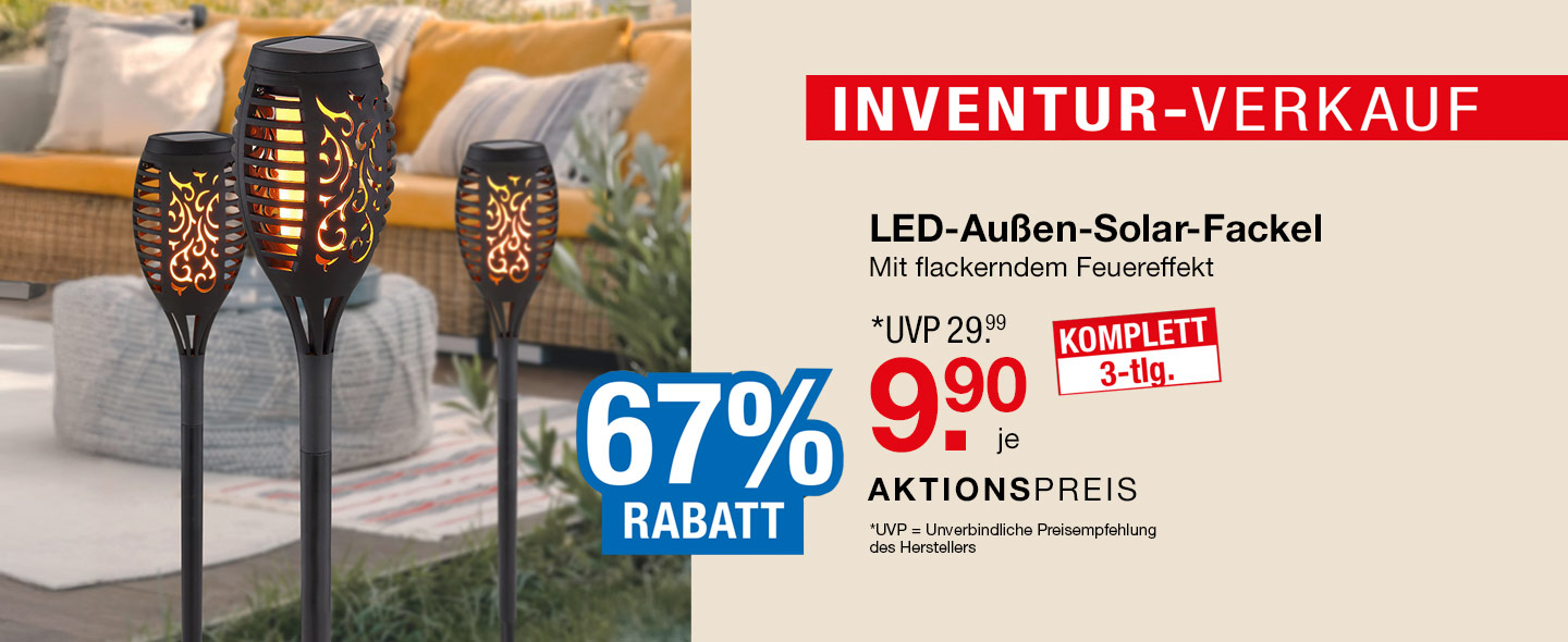 Inventur-Verkauf: LED-Außen-Solar-Fackel, mit flackerndem Feuereffekt, komolett 3-tlg. - UVP 29.99 Euro, je Set 9.90 Euro