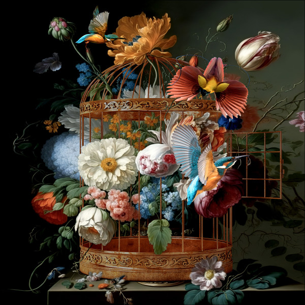 Glasbild BIRDS AND FLOWERS