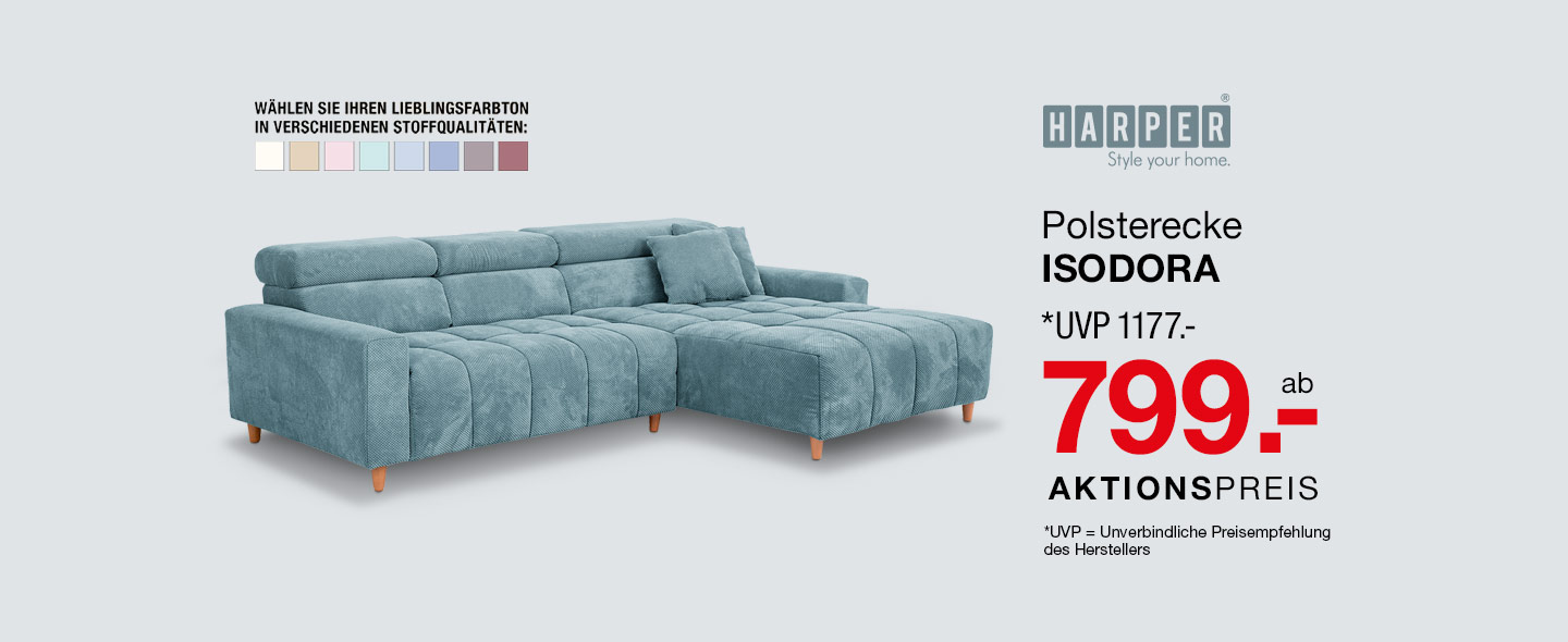 Polsterecke HARPER ISODORA - Polsterecke in blau mit Holzfüßen, verschiedene Stoffqualitäten und Farbtöne - UVP 1177.- Euro, ab 799.- Euro 