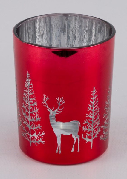 Teelichthalter Tanne/Reh in rot aus Glas