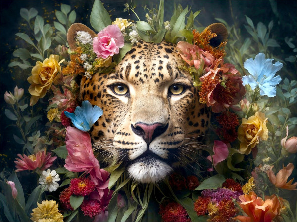 Glasbild JAGUAR WITH FLOWERS in mehrfarbig aus Glas